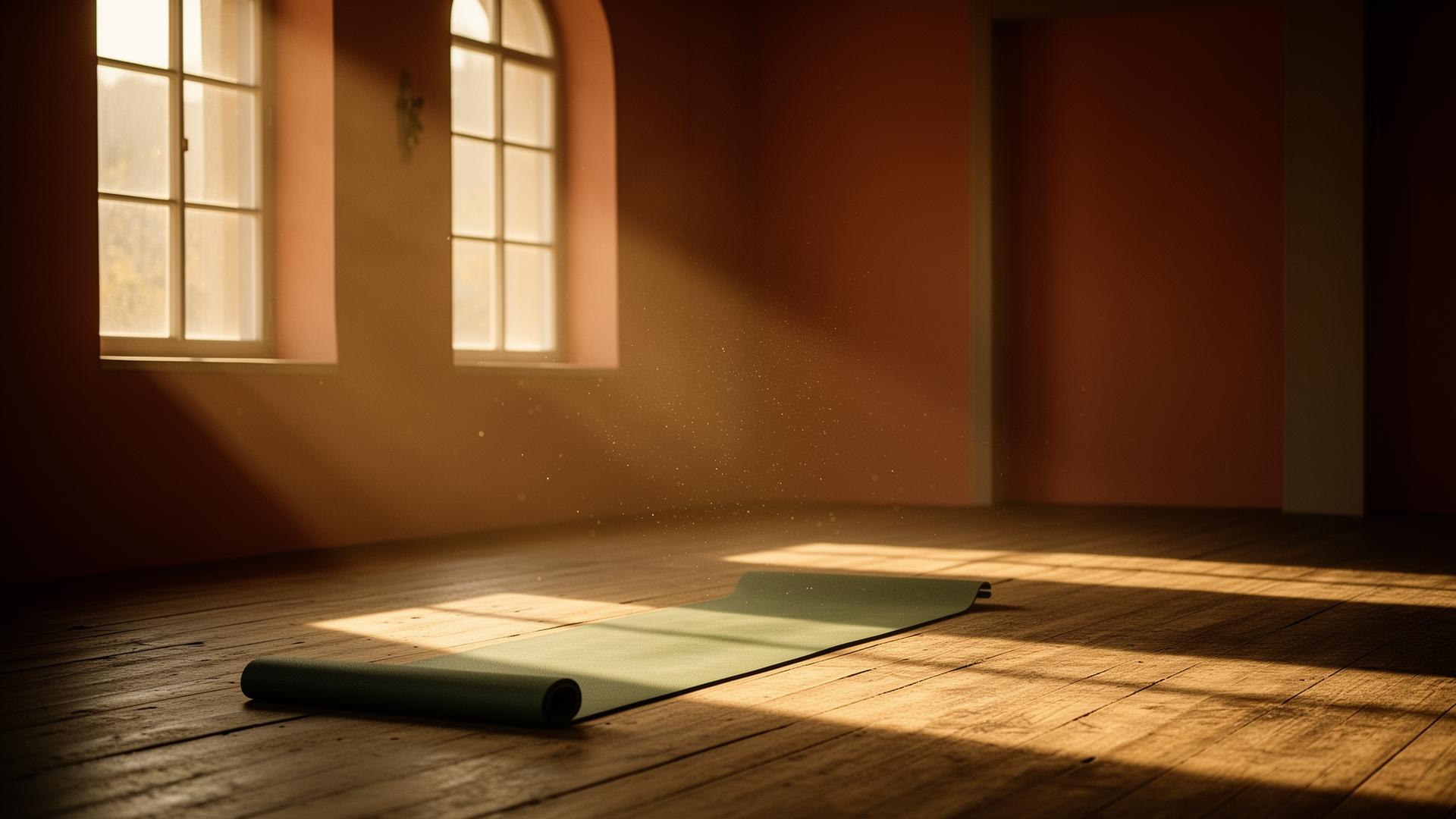 A sunlit yoga studio with a single mat unrolled on a wooden floor
